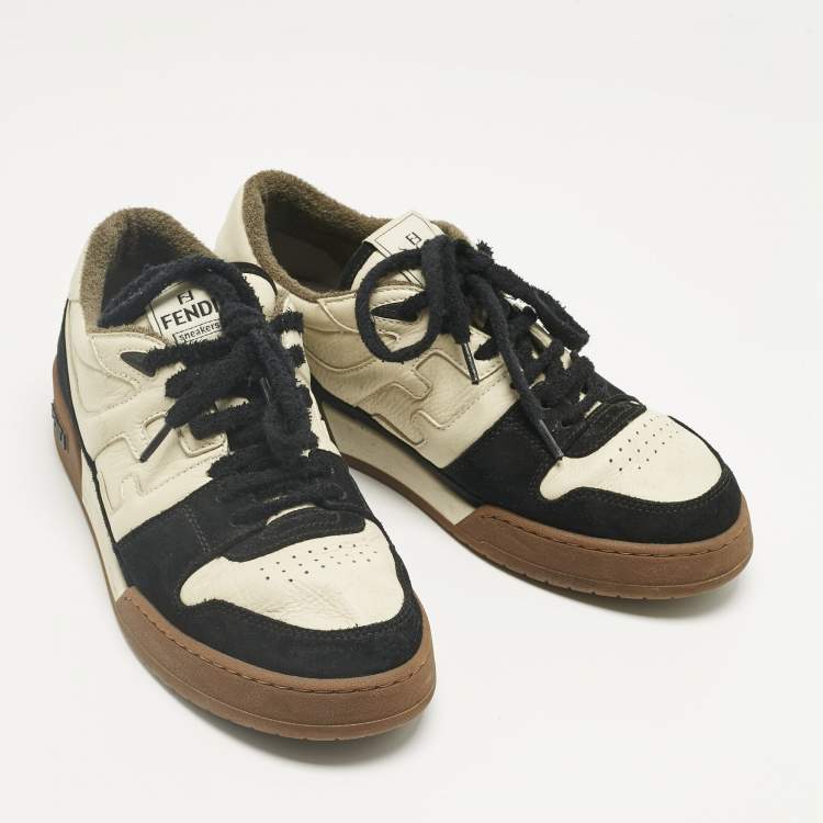مملوكة مسبقًا Fendi Cream/Black Leather and Suede Low Top Sneakers Size 43