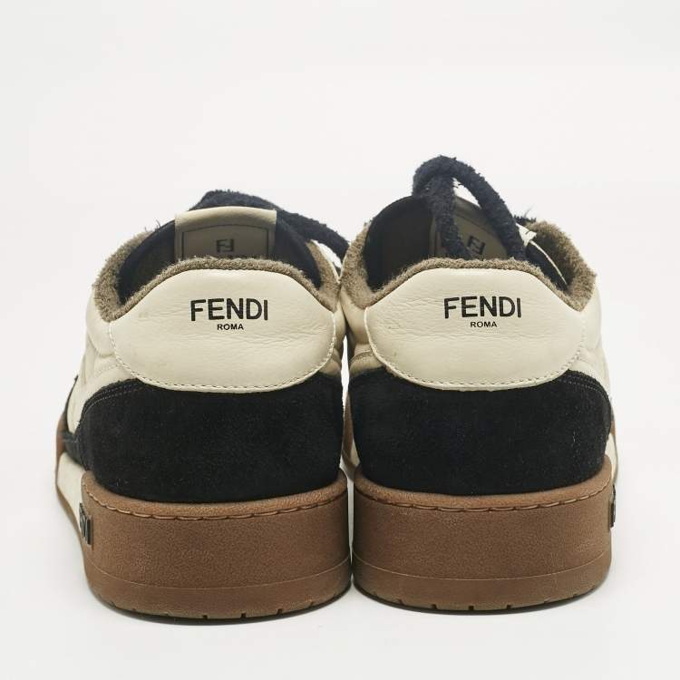 مملوكة مسبقًا Fendi Cream/Black Leather and Suede Low Top Sneakers Size 43