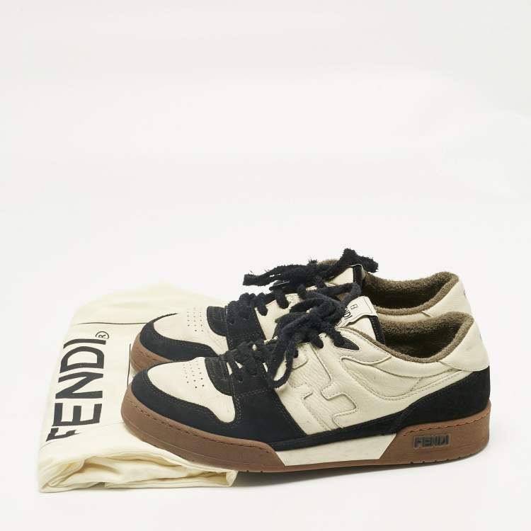 مملوكة مسبقًا Fendi Cream/Black Leather and Suede Low Top Sneakers Size 43
