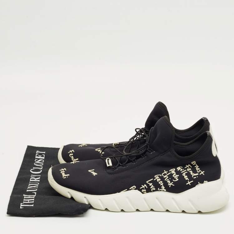 Pre Owned Fendi Black/White Neopene and Knit Fabric Printed Low Top Sneakers Size 43