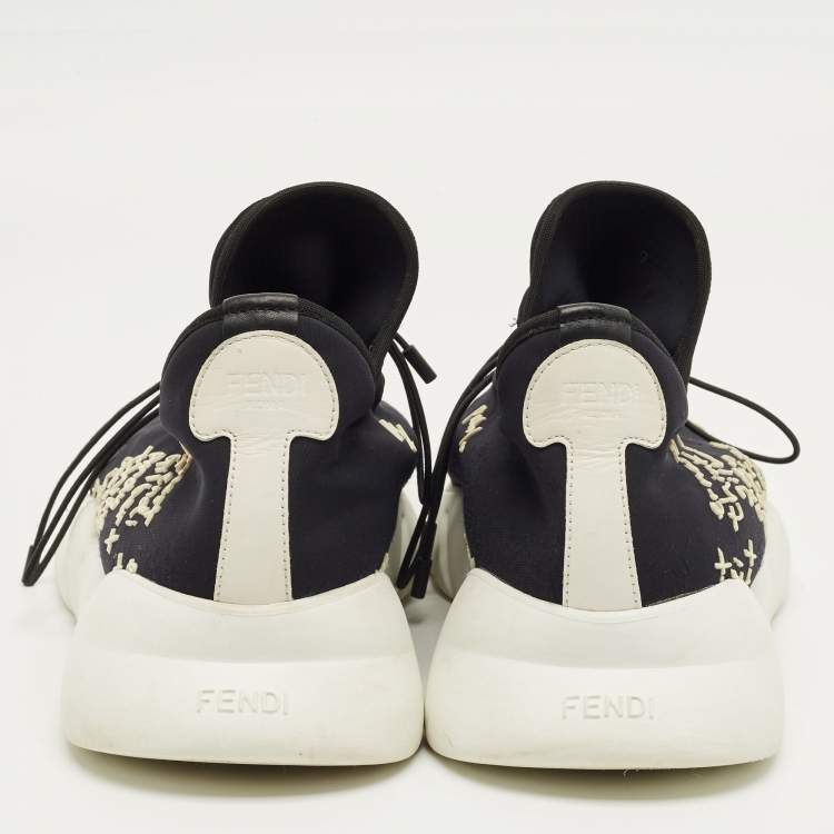 Pre Owned Fendi Black/White Neopene and Knit Fabric Printed Low Top Sneakers Size 43