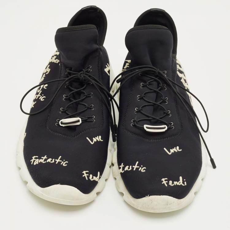 Pre Owned Fendi Black/White Neopene and Knit Fabric Printed Low Top Sneakers Size 43