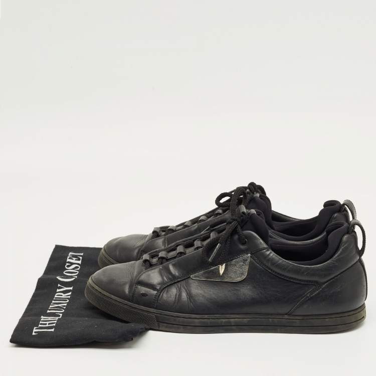 Pre Owned Fendi Black Leather and Fabric Monster Eye Mid Top Sneakers Size 43