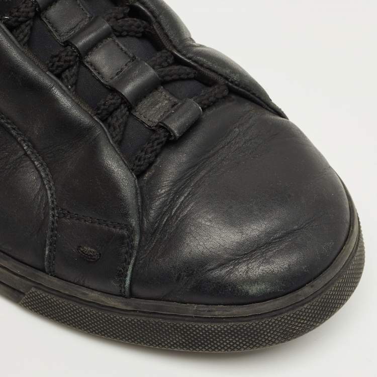 Pre Owned Fendi Black Leather and Fabric Monster Eye Mid Top Sneakers Size 43