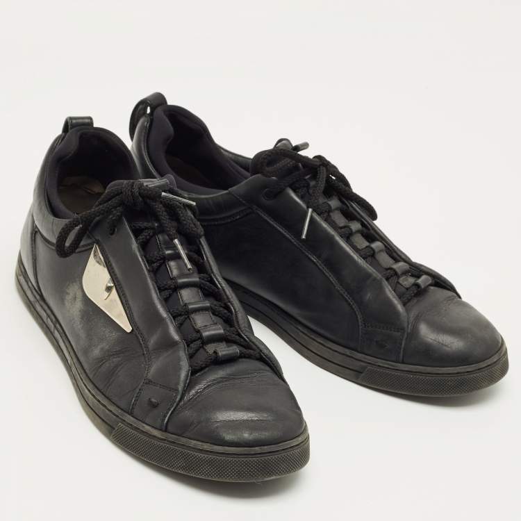 Pre Owned Fendi Black Leather and Fabric Monster Eye Mid Top Sneakers Size 43