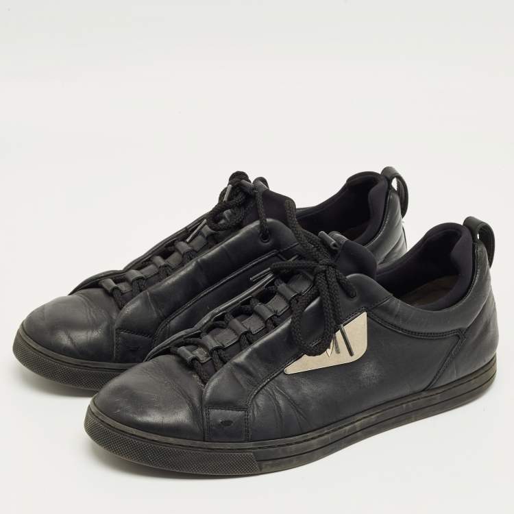 Pre Owned Fendi Black Leather and Fabric Monster Eye Mid Top Sneakers Size 43