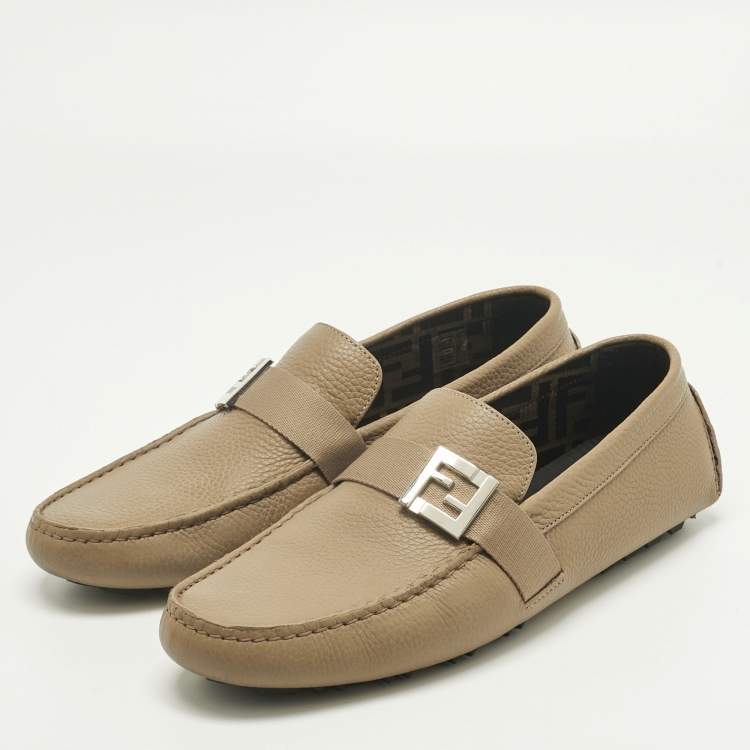 Pre Owned Fendi Brown Leather FF Slip On Loafers Size 43 