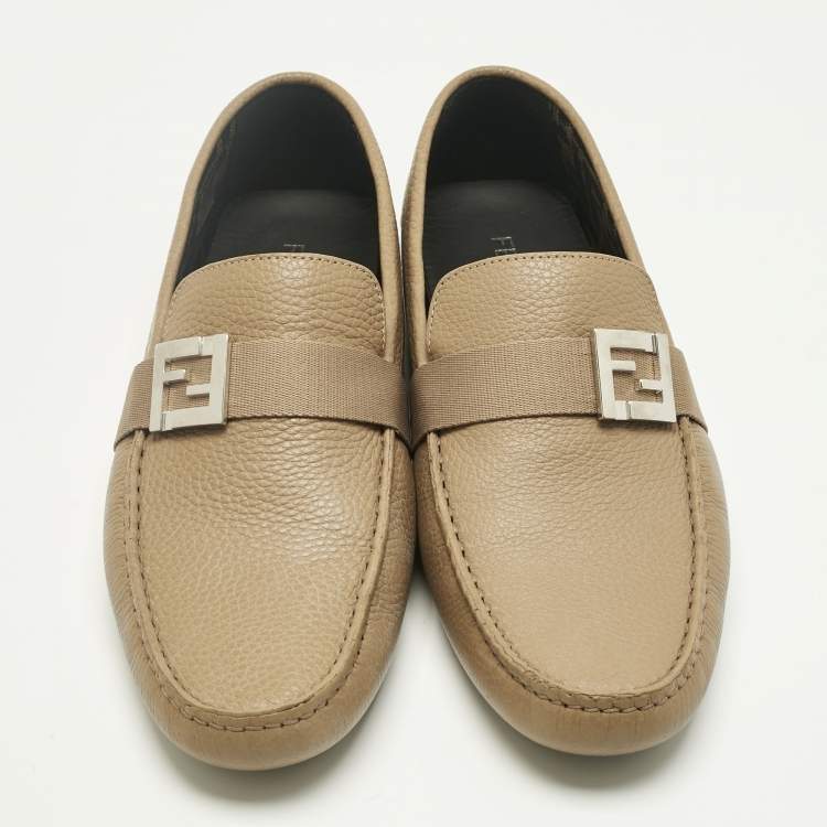 Pre Owned Fendi Brown Leather FF Slip On Loafers Size 43 