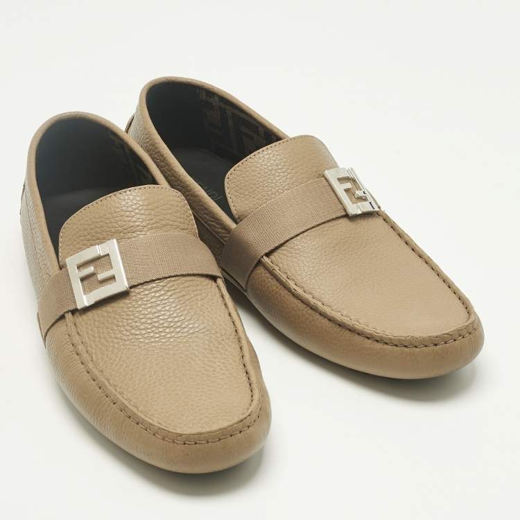 Pre Owned Fendi Brown Leather FF Slip On Loafers Size 43 