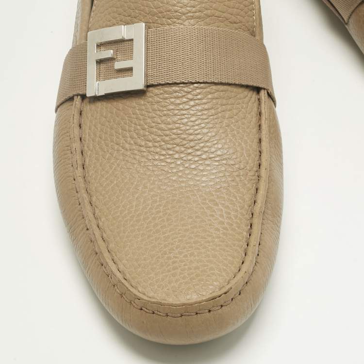 Pre Owned Fendi Brown Leather FF Slip On Loafers Size 43 