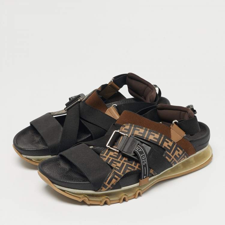 Pre Owned Fendi Brown/Black Canvas and Elastic Flat Sandals Size 43