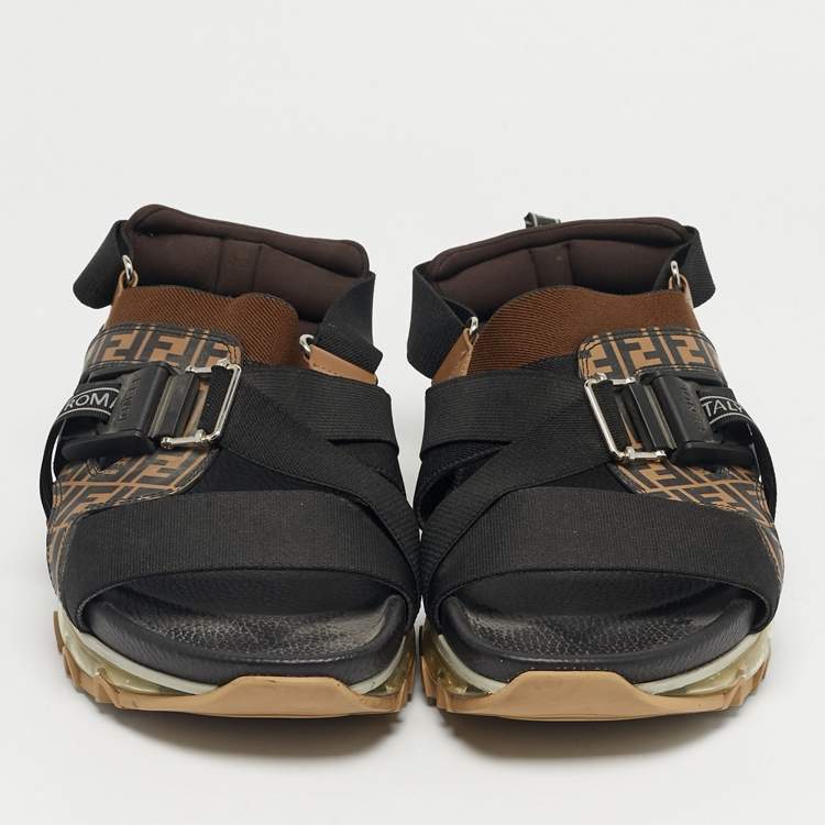 Pre Owned Fendi Brown/Black Canvas and Elastic Flat Sandals Size 43
