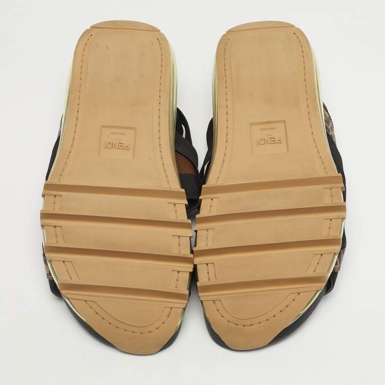 Pre Owned Fendi Brown/Black Canvas and Elastic Flat Sandals Size 43