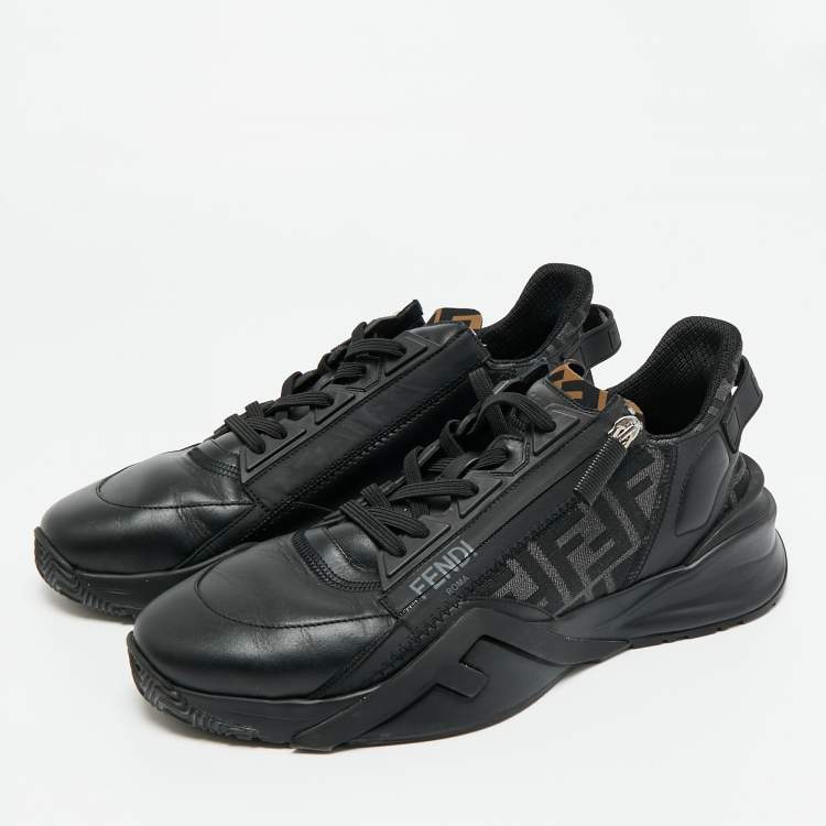 Pre Owned Fendi Black/Grey Zucca Canvas Fabric and Leather Flow Sneakers Size 43