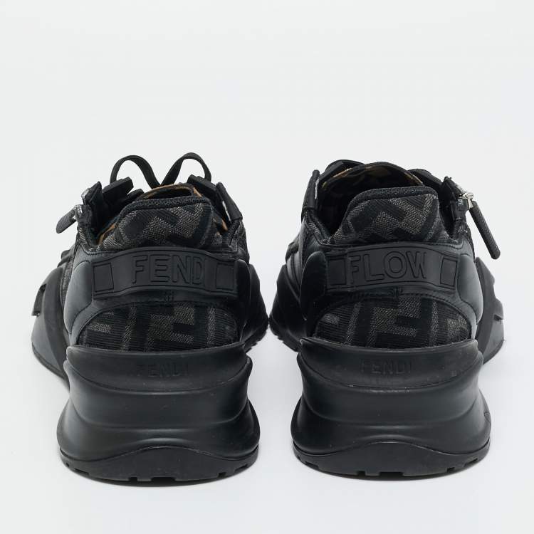Pre Owned Fendi Black/Grey Zucca Canvas Fabric and Leather Flow Sneakers Size 43