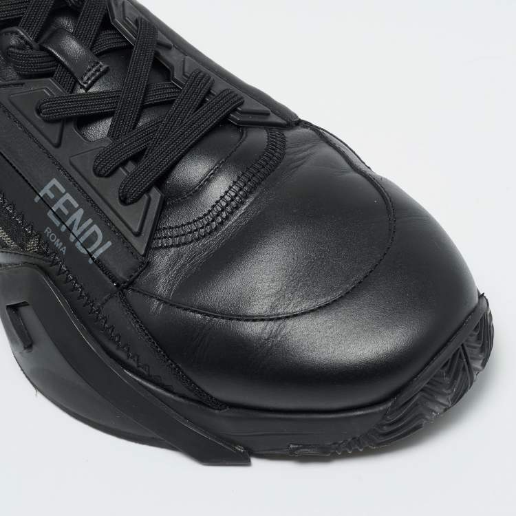 Pre Owned Fendi Black/Grey Zucca Canvas Fabric and Leather Flow Sneakers Size 43