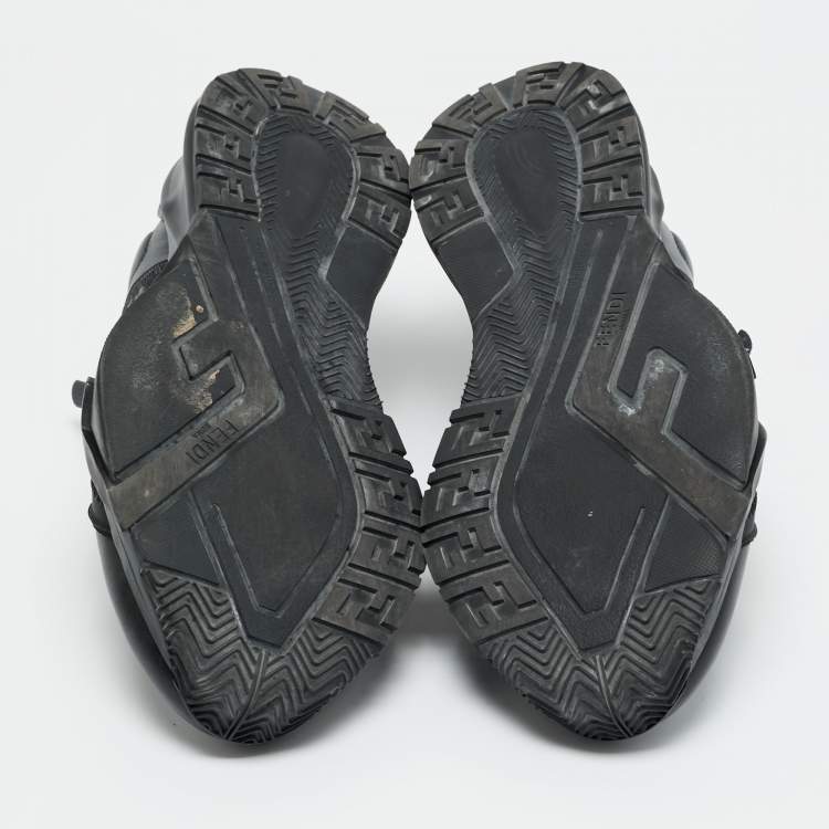 Pre Owned Fendi Black/Grey Zucca Canvas Fabric and Leather Flow Sneakers Size 43