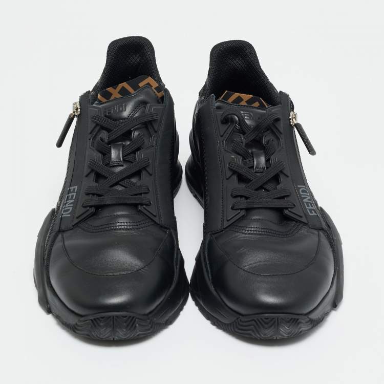 Pre Owned Fendi Black/Grey Zucca Canvas Fabric and Leather Flow Sneakers Size 43