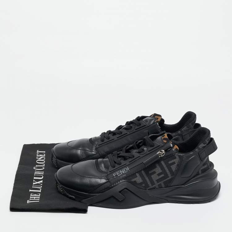 Pre Owned Fendi Black/Grey Zucca Canvas Fabric and Leather Flow Sneakers Size 43