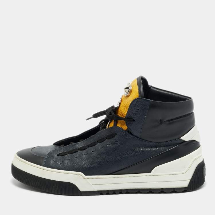 Pre Owned Fendi Size 44.5 Multicolor Leather Funny Face Studded High Top Sneakers