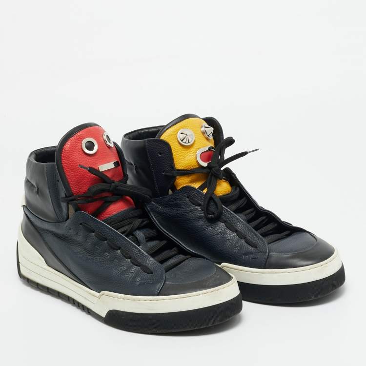 Pre Owned Fendi Size 44.5 Multicolor Leather Funny Face Studded High Top Sneakers