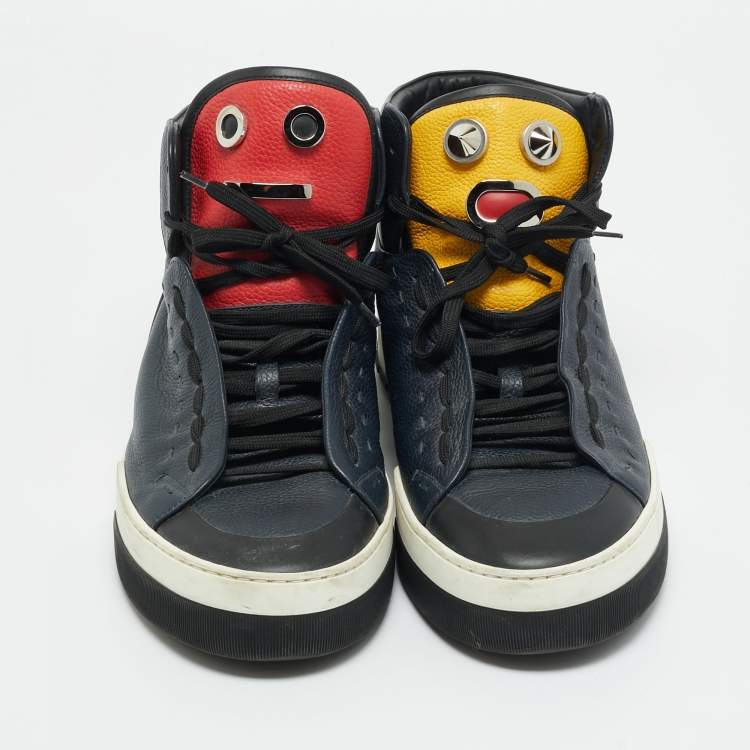 Pre Owned Fendi Size 44.5 Multicolor Leather Funny Face Studded High Top Sneakers