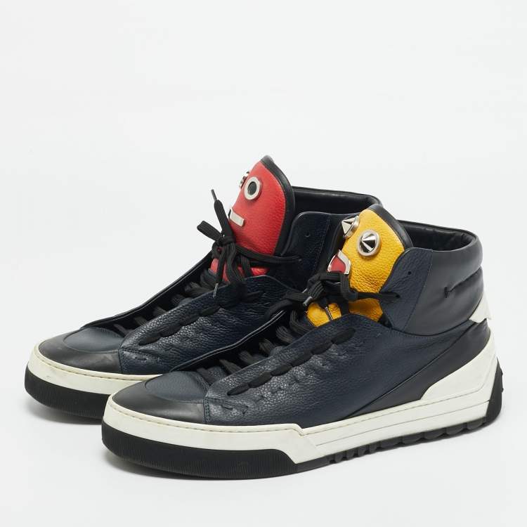 Pre Owned Fendi Size 44.5 Multicolor Leather Funny Face Studded High Top Sneakers