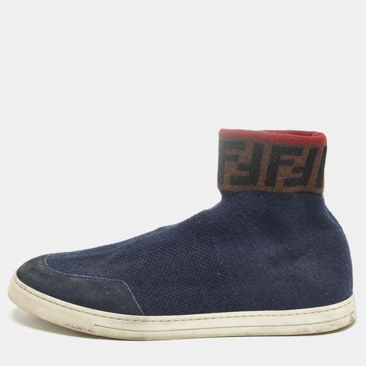 مملوكة مسبقًا Fendi Size 42 Blue Knit Fabric and Suede FF Sock High Top Sneakers 