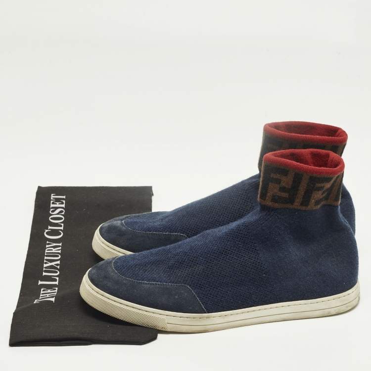 مملوكة مسبقًا Fendi Size 42 Blue Knit Fabric and Suede FF Sock High Top Sneakers 