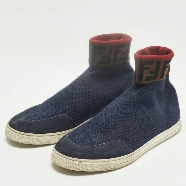 مملوكة مسبقًا Fendi Size 42 Blue Knit Fabric and Suede FF Sock High Top Sneakers 