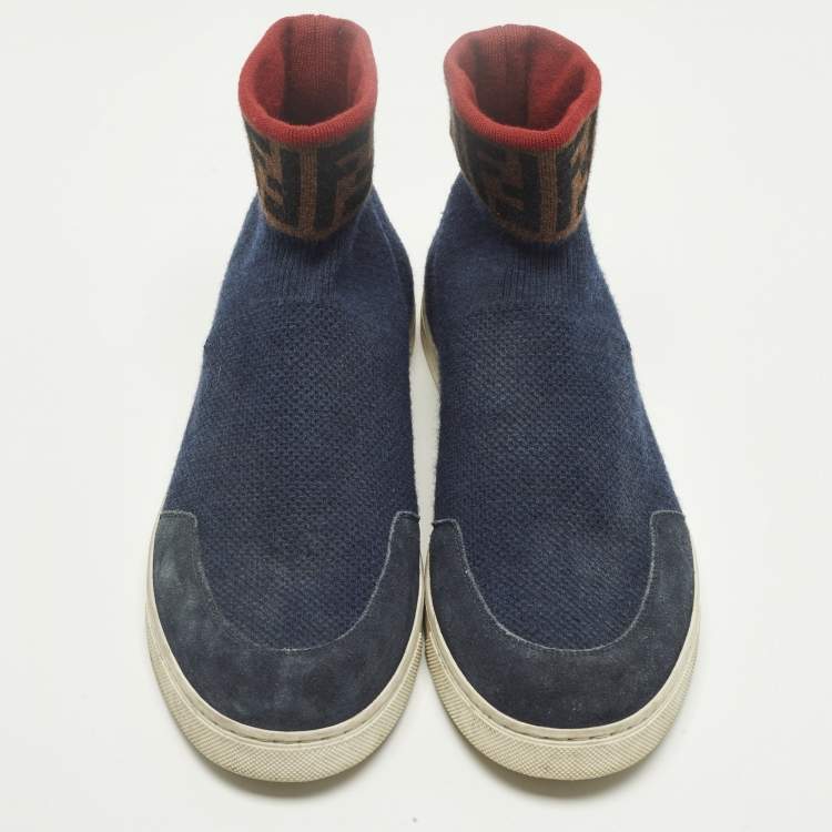 مملوكة مسبقًا Fendi Size 42 Blue Knit Fabric and Suede FF Sock High Top Sneakers 