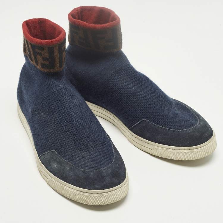 مملوكة مسبقًا Fendi Size 42 Blue Knit Fabric and Suede FF Sock High Top Sneakers 