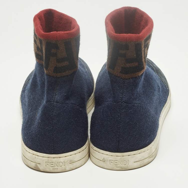 مملوكة مسبقًا Fendi Size 42 Blue Knit Fabric and Suede FF Sock High Top Sneakers 