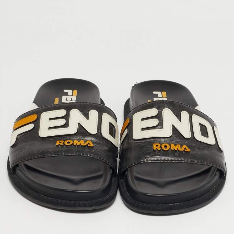 مملوكة مسبقًا Fendi Size 39 Black Leather Logo Pool Slides