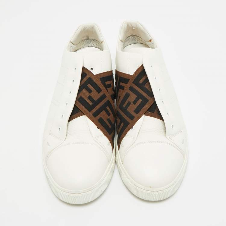 Pre Owned Fendi FF Size 41 White Leather FF Crisscross Strap Slip On Sneakers