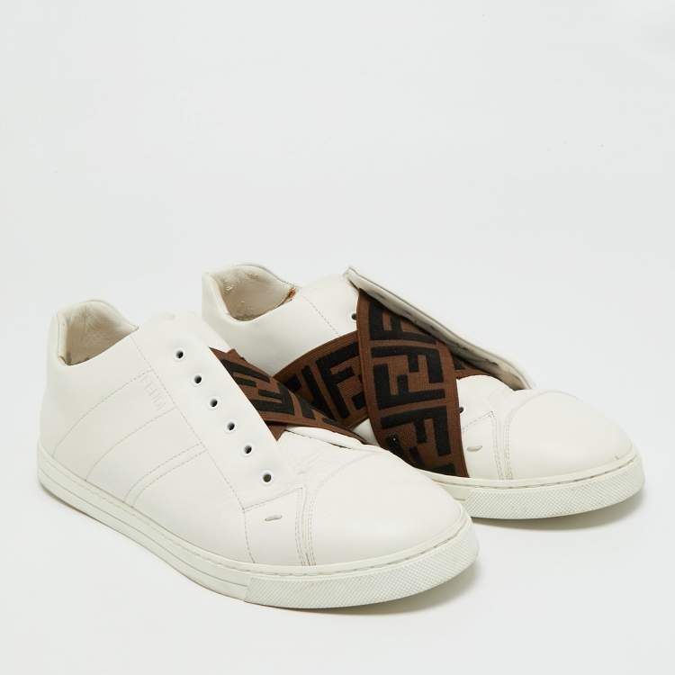 Pre Owned Fendi FF Size 41 White Leather FF Crisscross Strap Slip On Sneakers