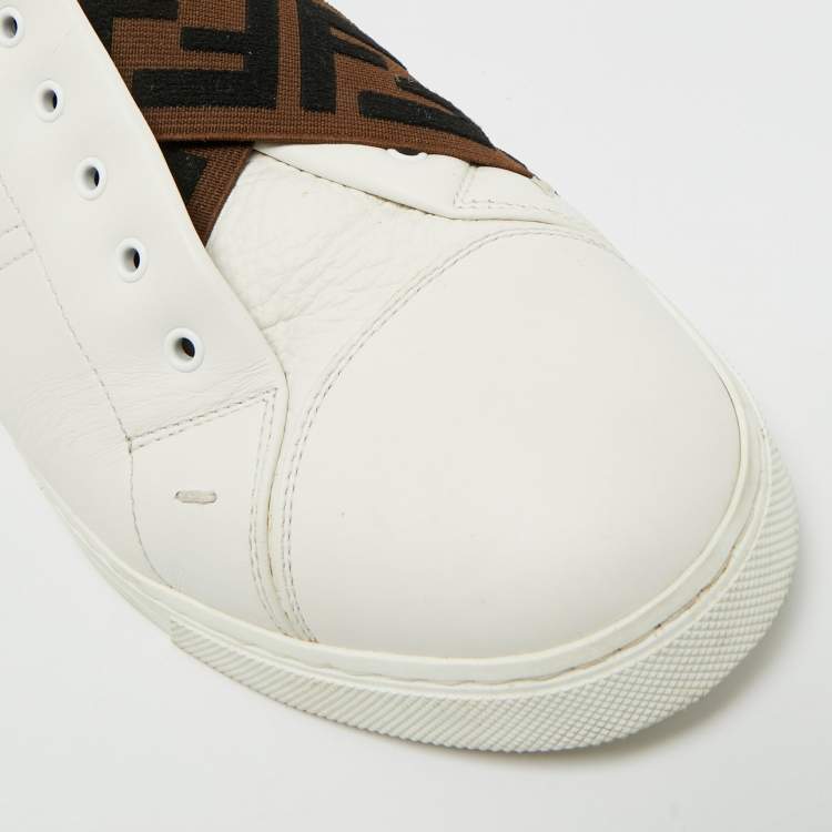 Pre Owned Fendi FF Size 41 White Leather FF Crisscross Strap Slip On Sneakers