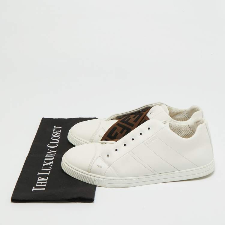 Pre Owned Fendi FF Size 41 White Leather FF Crisscross Strap Slip On Sneakers