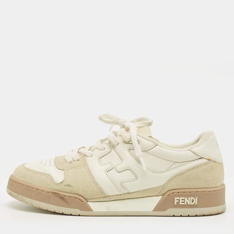Pre Owned Fendi Fendi Match Size 42 Cream/Grey Leather and Suede Lace Up Sneakers
