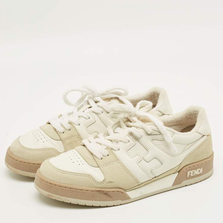 Pre Owned Fendi Fendi Match Size 42 Cream/Grey Leather and Suede Lace Up Sneakers