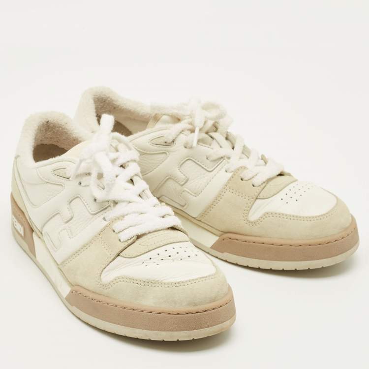 Pre Owned Fendi Fendi Match Size 42 Cream/Grey Leather and Suede Lace Up Sneakers