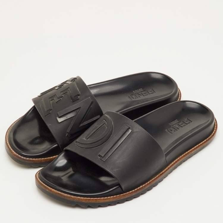 Pre Owned Fendi Size 41 Black Rubber Logo Flat Slide Sandals