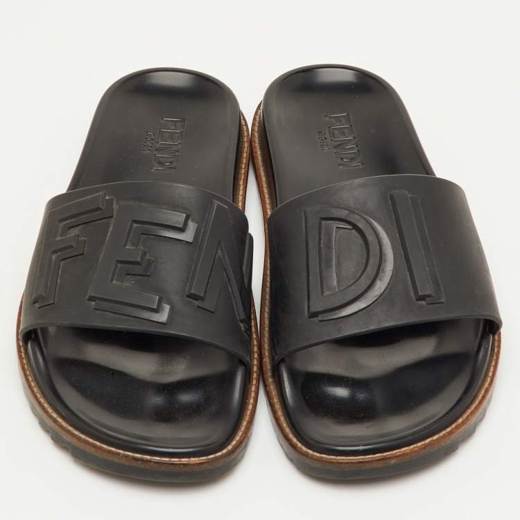 Pre Owned Fendi Size 41 Black Rubber Logo Flat Slide Sandals