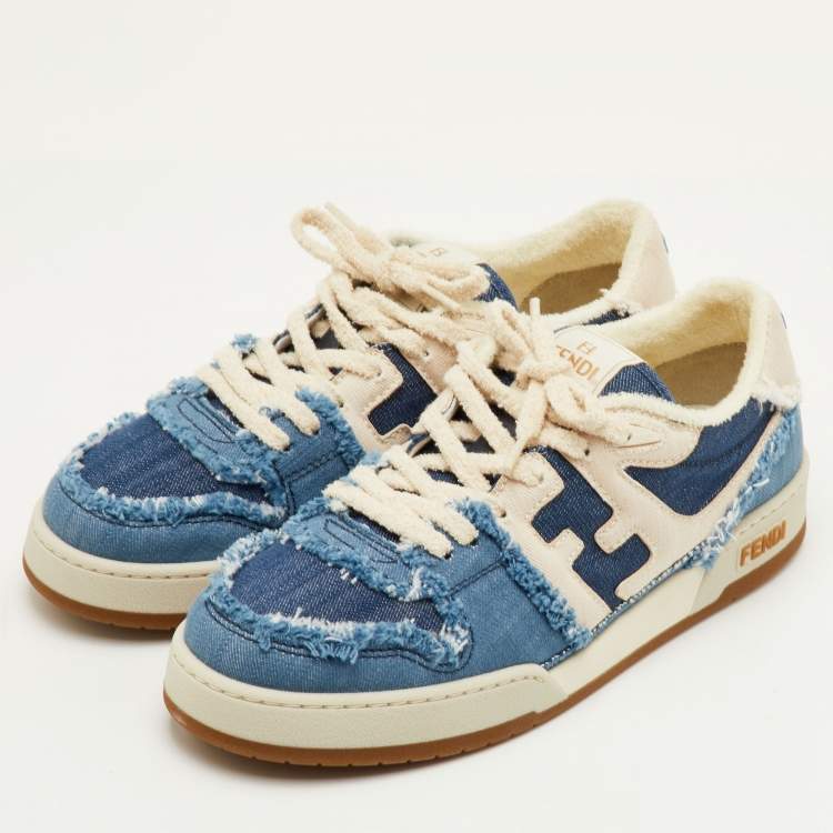 Pre Owned Fendi Match Size 42 Blue Denim/Cream Lace Up Sneakers