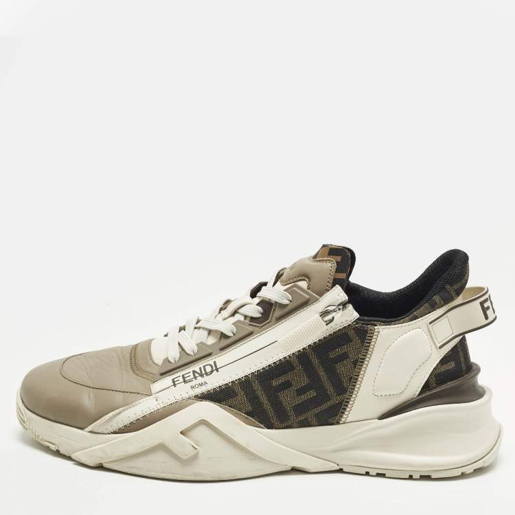 Pre Owned Fendi Flow Size 45 Cream Fabric and Suede Lace Up Sneakers