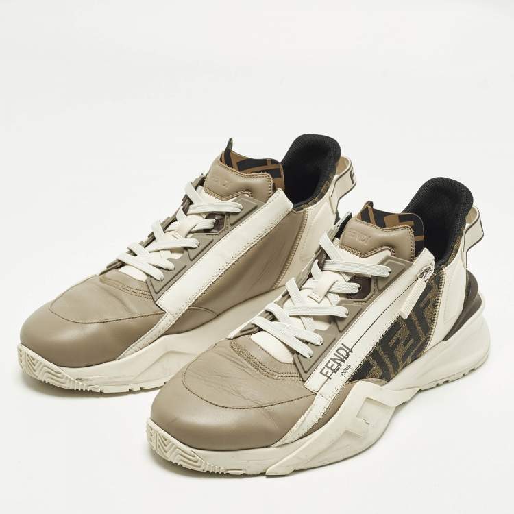 Pre Owned Fendi Flow Size 45 Cream Fabric and Suede Lace Up Sneakers