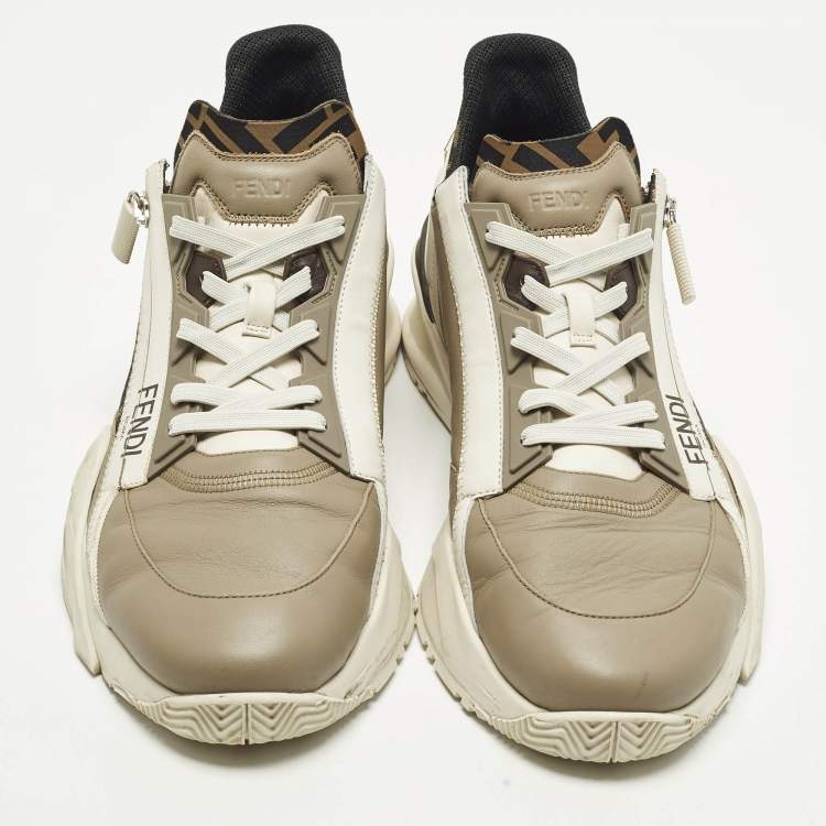 Pre Owned Fendi Flow Size 45 Cream Fabric and Suede Lace Up Sneakers