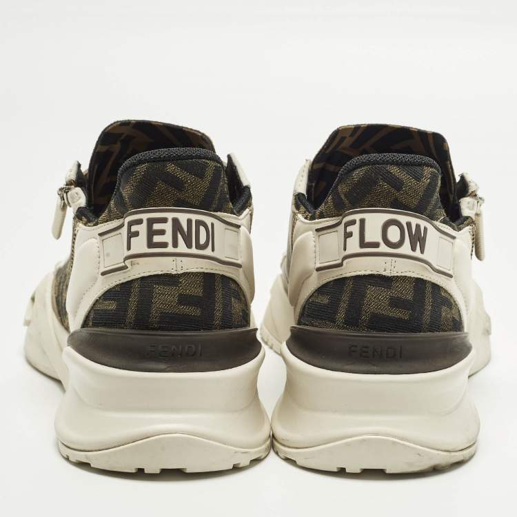 Pre Owned Fendi Flow Size 45 Cream Fabric and Suede Lace Up Sneakers
