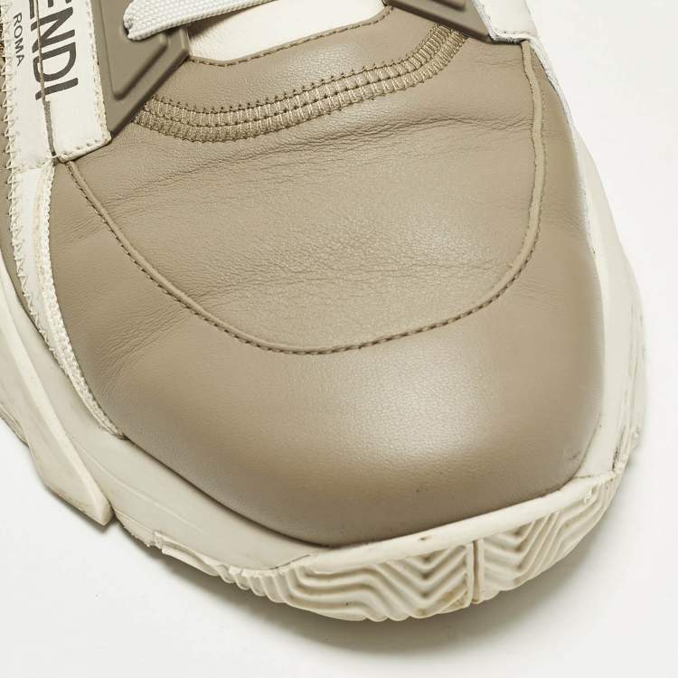 Pre Owned Fendi Flow Size 45 Cream Fabric and Suede Lace Up Sneakers