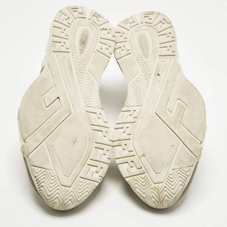 Pre Owned Fendi Flow Size 45 Cream Fabric and Suede Lace Up Sneakers